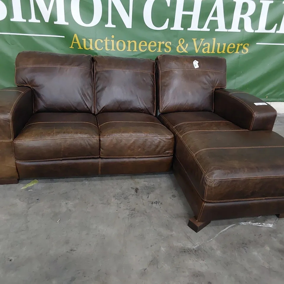 DESIGNER CHAISE SOFA DISTRESSED BROWN LEATHER WITH CONTRASTING STITCHING 