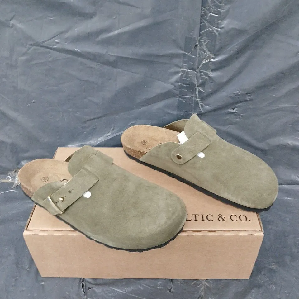 BOXED PAIR OF CELTIC & CO STUD STRAP CLOG OLIVE SUEDE SIZE 39 