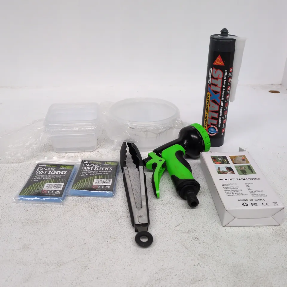 TOTE OF APPROXIMATELY 20 ASSORTED ITEMS TO INCLUDE MIN FAN, STIXALL EXTREME POWER, SOFT SLEEVES, PLASTIC POTS ETC