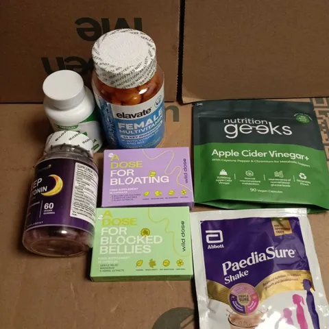 APPROXIAMTELY 10 ASSORTED HEALTH PRODUCTS TO INCLUDE APPLE CIDER VINEGAR, PEDIA SHAKE, MULTIVITAMINS ETC 