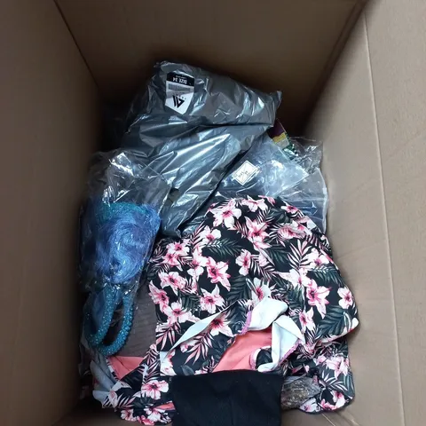 LARGE BOX OF APPROXIMATELY 20 ASSORTED CLOTHING ITEMS IN VARIOUS SIZES, STYLES AND COLOURS