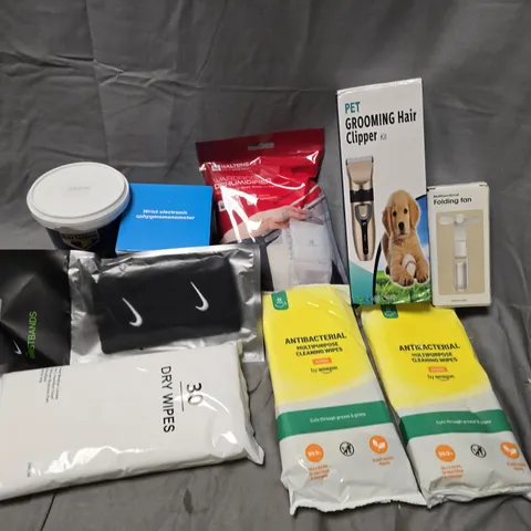 APPROXIMATELY 12 ASSORTED HOUSEHOLD ITEMS TO INCLUDE PET GROOMING CLIPPER, FOLDING FAN, DEHUMIDIFER, ETC