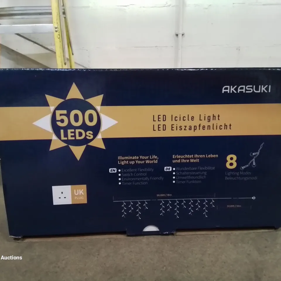 A BOX OF 500 LED OUTDOOR ICICLE LIGHTS