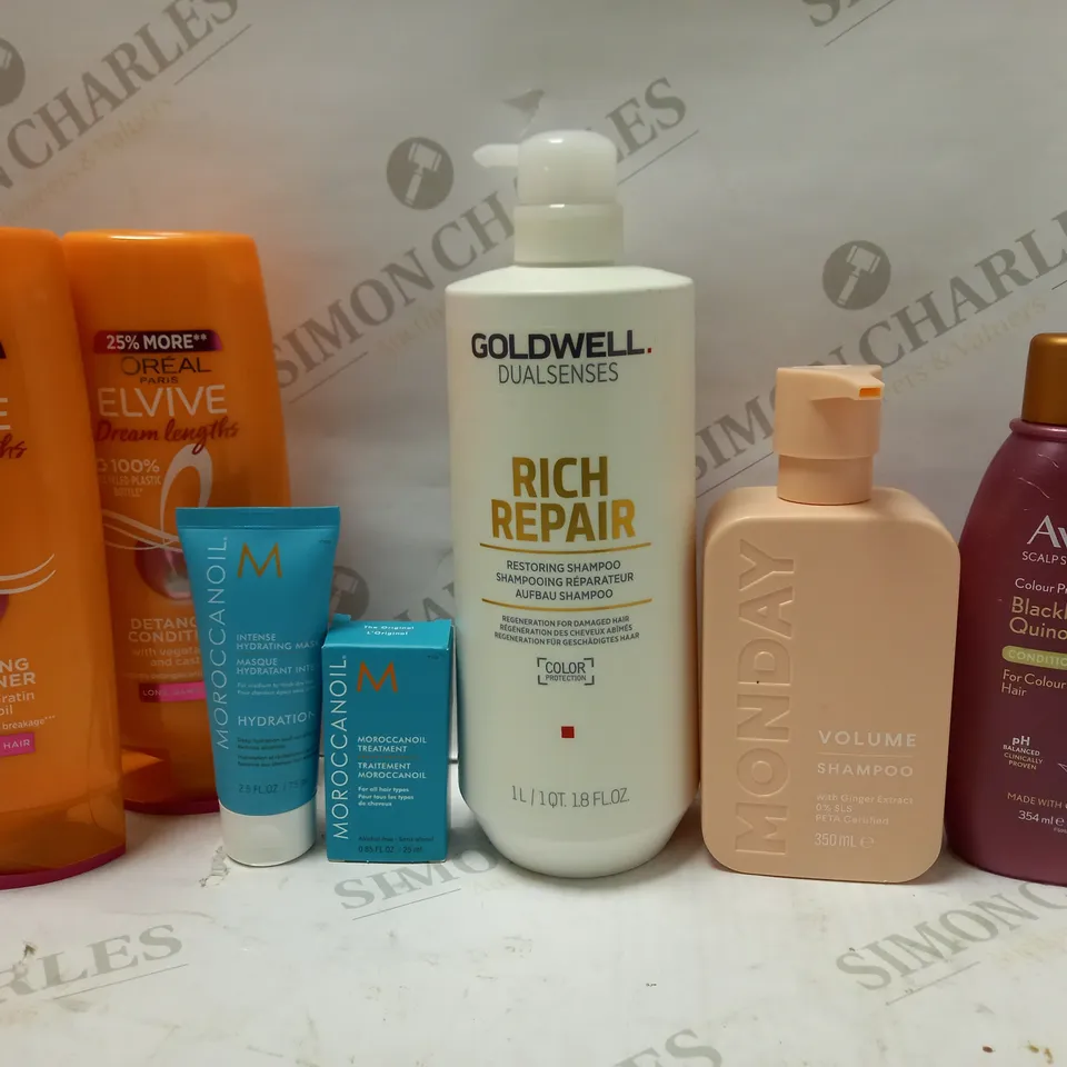 LOT OF APPROX 7 ASSORTED HAIRCARE PRODUCTS TO INCLUDE GOLDWELL RESTORING SHAMPOO, MONDAY VOLUME SHAMPOO, MOROCCANOIL INTENSE HYDRATING MASK, ETC 
