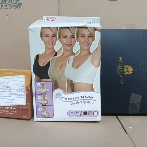 BOX OF APPROXIMATELY 10 ASSORTED HOUSEHOLD ITEMS TO INCLUDE PUSH UP BRAS, CONCENTRATED PERFUME, ETC - COLLECTION ONLY