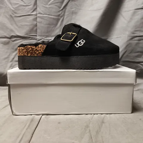 BOXED PAIR OF UGG FAUX FUR LINED MULES IN BLACK SIZE EU 39