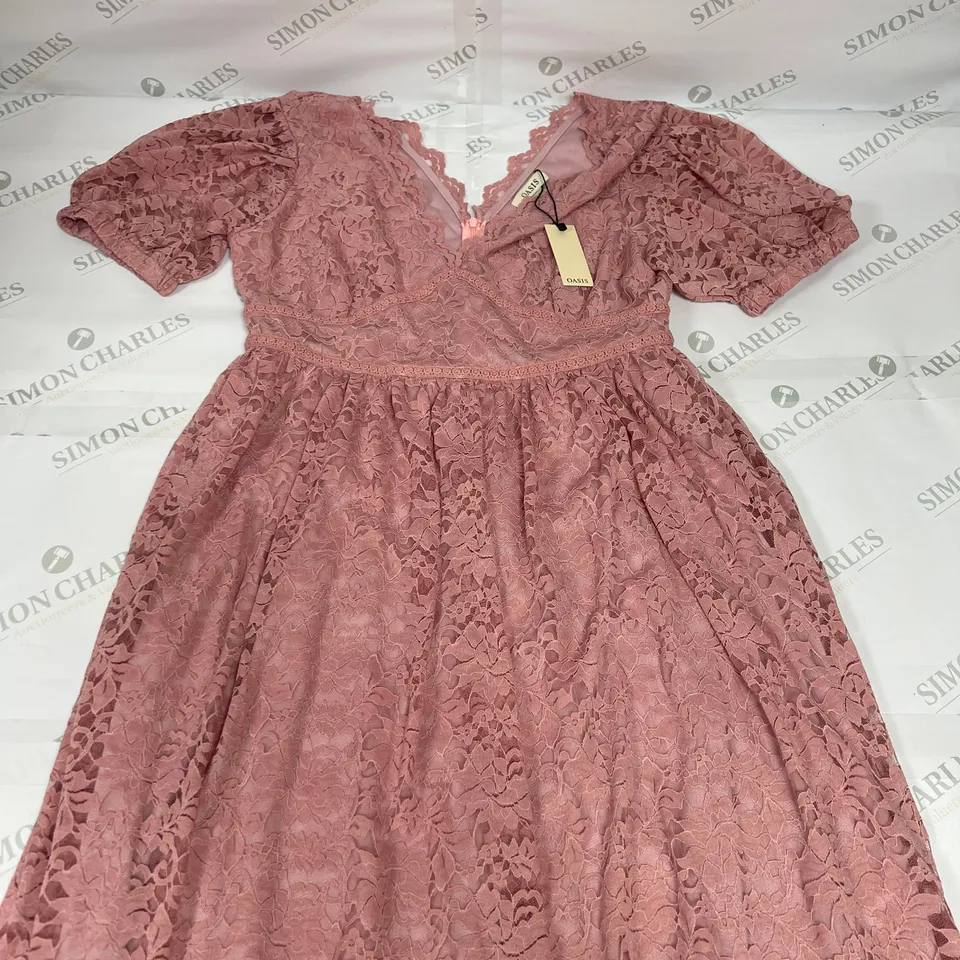 OASIS PUFF SLEEVE LACE V NECK MAXI DRESS IN DUSTY PINK SIZE L