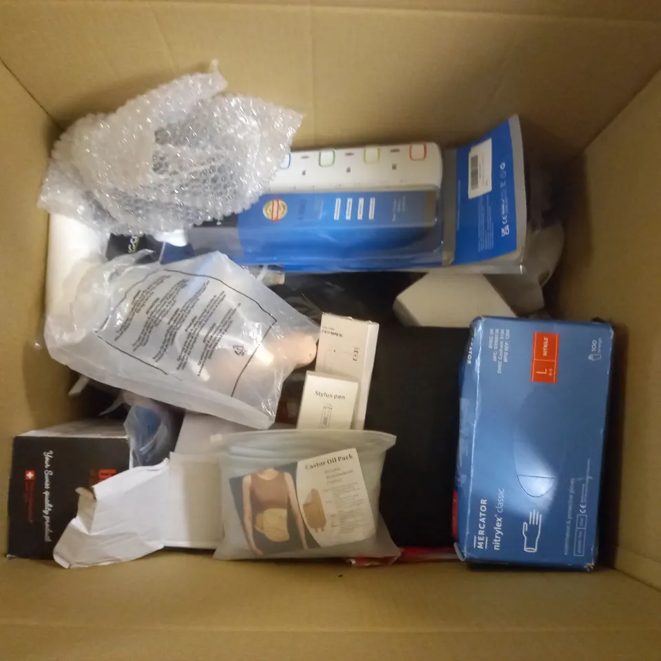 BOX OF APPROX 15 ASSORTED ITEMS TO INCLUDE - MERCATOR NITRYLEX GLOVES - STYLUS PEN - CASTOR OIL PACK ECT