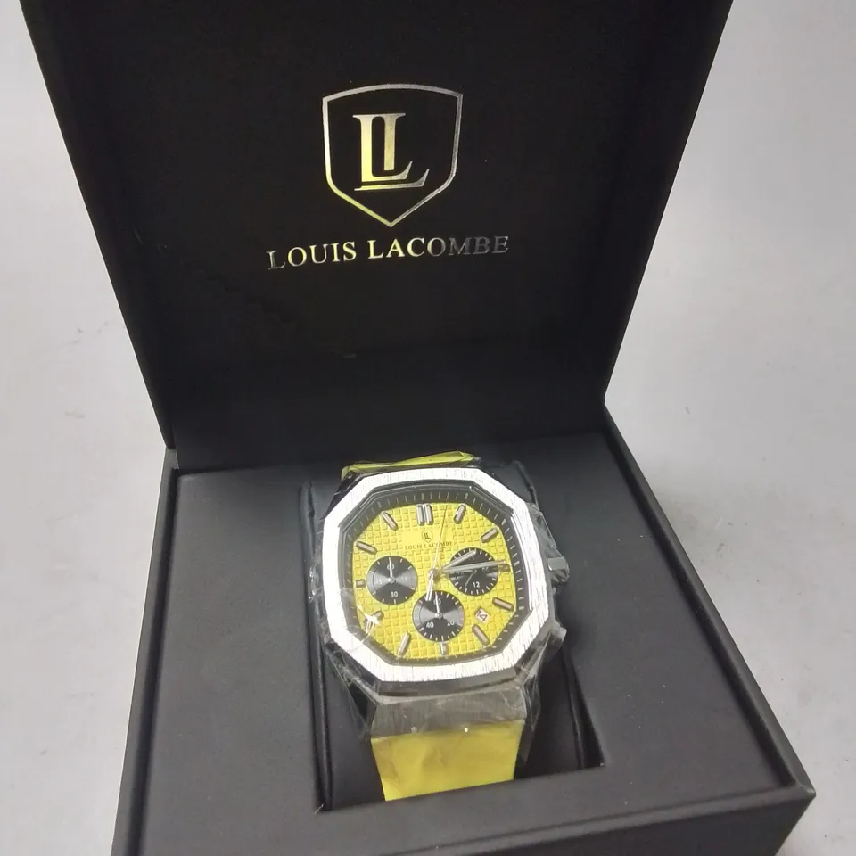 LOUIS LACOMBE GENTS YELLOW FACE STAINLESS STEEL CHRONOGRAPH WATCH WITH YELLOW RUBBER STRAP IN GIFT BOX