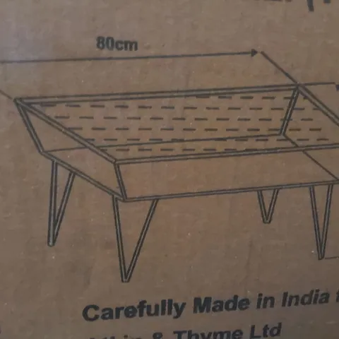 BOXED ATKIN AND THYME ETCHED COFFEE TABLE WITH STORAGE SHELF - GLASS TOP, IRON BASE (2 BOXES)