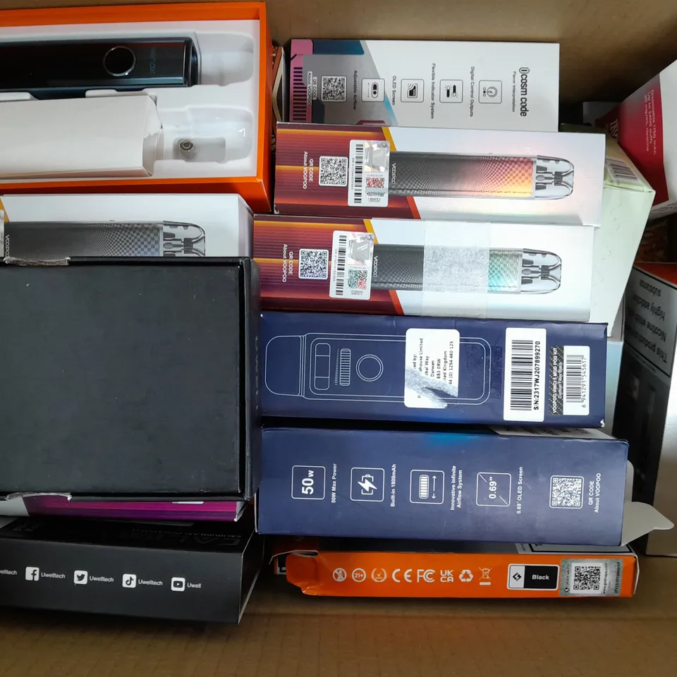 BOX OF APPROXIMATELY 20 ASSORTED E-CIGARETTE/VAPING PRODUCTS - MAKES, MODELS, COLOURS, AND STYLES VARY - COLLECTION ONLY