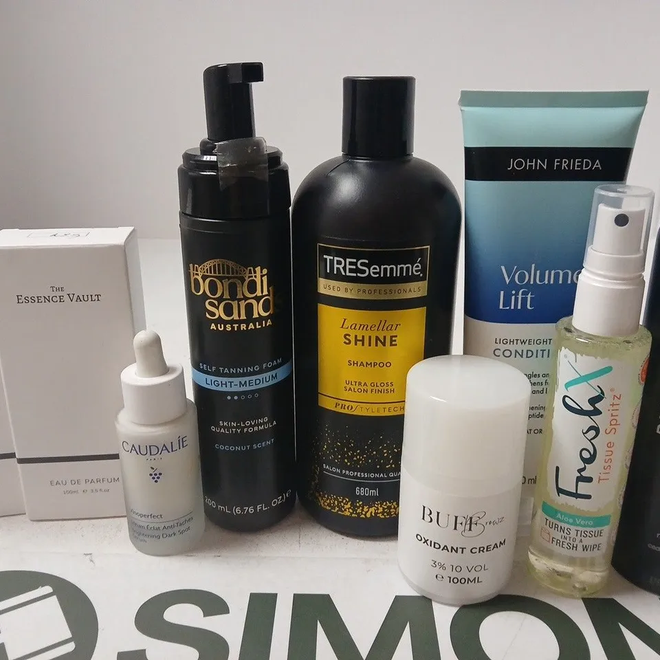 APPROX 12 ASSORTED BEAUTY PRODUCTS TO INCLUDE BONDI SANDS TAN, THE ESSENCE VAULT FRAGRANCE, TRESEMME SHAMPOO, ETC