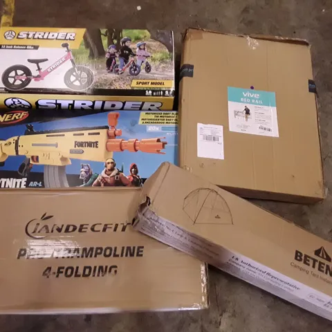 PALLET OF ASSORTED PRODUCTS INCLUDING 12" BALANCE BIKE, FORTNITE NERF GUN, BED RAIL, TRAMPOLINE, CAMPING TENT, STUNT SCOOTER