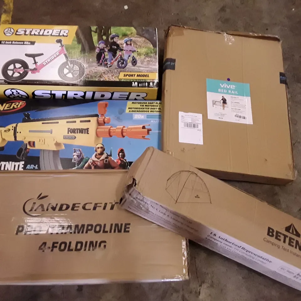 PALLET OF ASSORTED PRODUCTS INCLUDING 12" BALANCE BIKE, FORTNITE NERF GUN, BED RAIL, TRAMPOLINE, CAMPING TENT, STUNT SCOOTER  