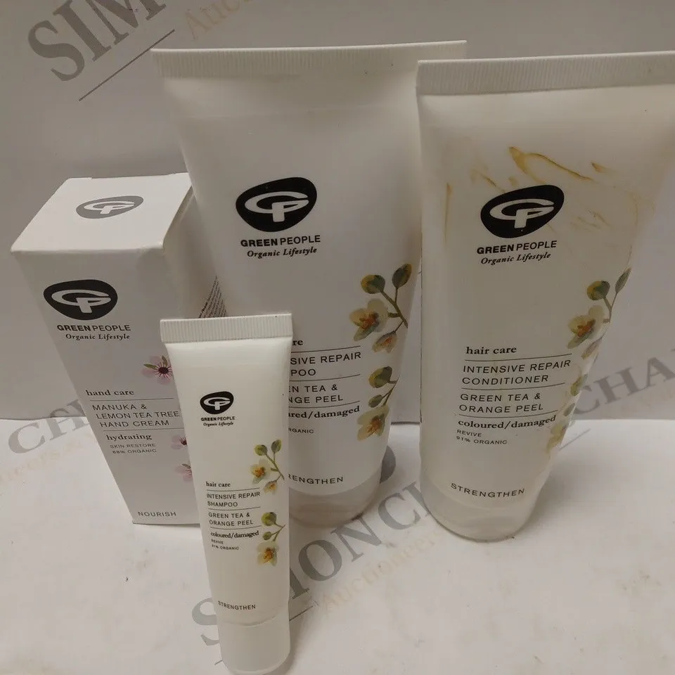 BOX OF GREEN PEOPLE SHAMPOO, CONDITIONER AND HAND CREAM
