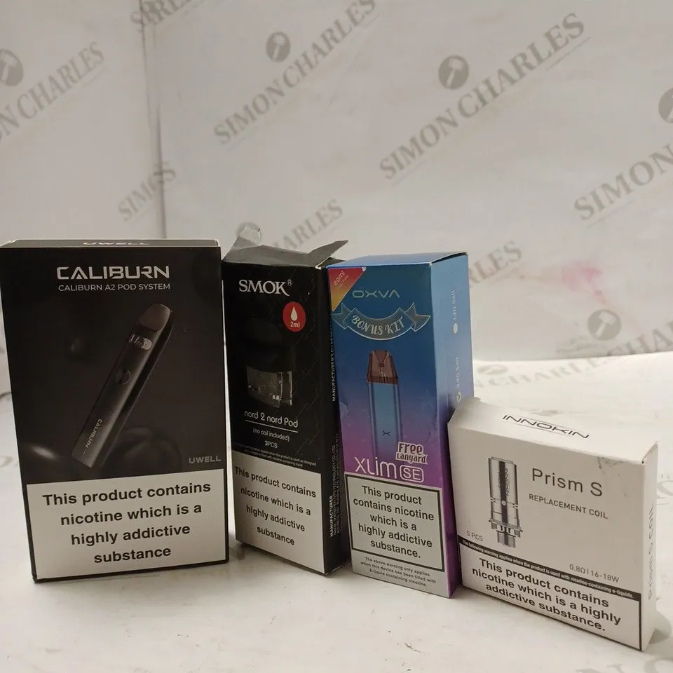 BOX OF APPROX 10 ITEMS TO INCLUDE CALIBURN A2, SMOK NORD 2 NORD POD, OXVA XLIM SE.