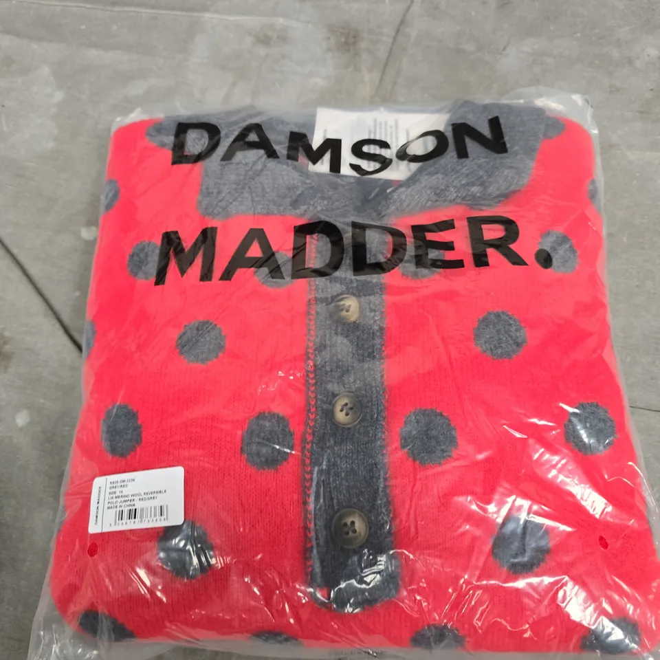 DAMSON MADDER POLO JUMPER – RED WITH GREY POLKA DOTS SIZE 14