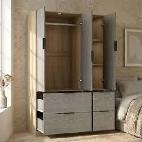 BOXED WOODEN 3 DOOR WARDROBE WITH DRAWERS MIRROR AND HANGING RAIL BEDROOM STORAGE (2BOXES)