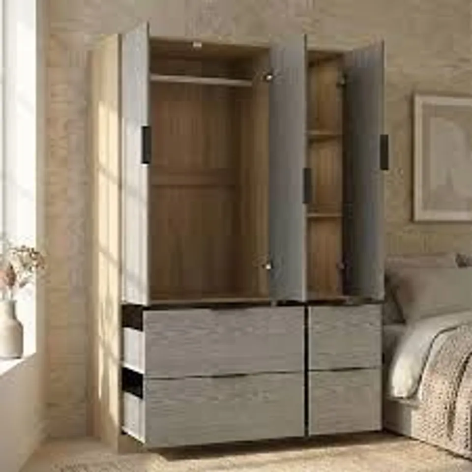 BOXED WOODEN 3 DOOR WARDROBE WITH DRAWERS MIRROR AND HANGING RAIL BEDROOM STORAGE (2BOXES)