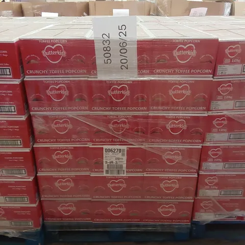 PALLET TO CONTAIN APPROX 54 BOXES OF BUTTERKIST TOFFEE POPCORN - 14 X 170g BAGS PER BOX // BEST BEFORE: 04/2025
