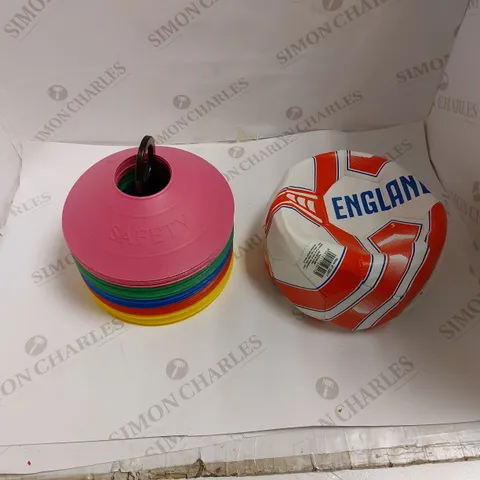 LOT OF SPORTS MULTICOLOURED CONES AND ENGLAND FOOTBALL