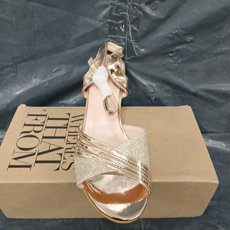 BOXED PAIR OF WHERE THEY FROM LOW HEEL SHOES IN ROSE GOLD - UK SIZE 6
