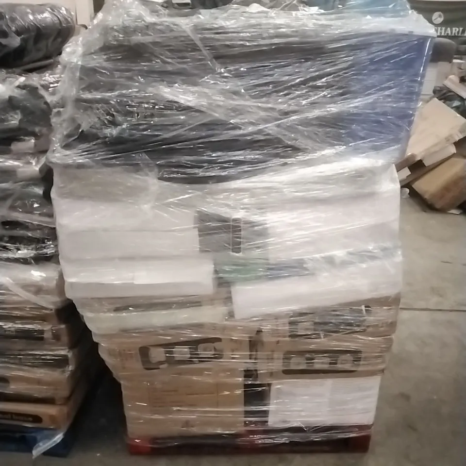 A PALLET CONTAINING A LARGE QUANTITY OF ASSORTED HOUSEHOLD GOODS WHICH INCLUDE; BOXED AIRFRYERS, UNBOXED AIRFRYERS, SUITCASES, FANS, CAMPING WAGON, TRAVEL BAG ETC