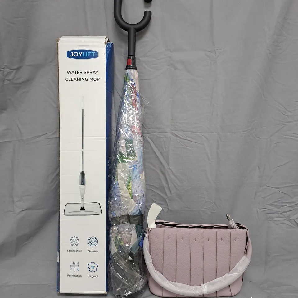 CAGE OF APPROXIMATELY 10 ASSORTED HOUSEHOLD ITEMS TO INCLUDE CLEANING MOP, UNBRANDED LILAC HANDBAG, ETC - COLLECTION ONLY