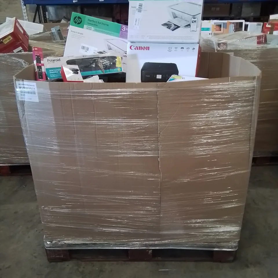 PALLET CONTAINING VARIOUS ASSORTED BOXED ELECTRONIC ITEMS TO INCLUDE: SEVERAL PRINTERS, KEYBOARDS,CHARGERS, HEADPHONES, SPEAKERS ETC.