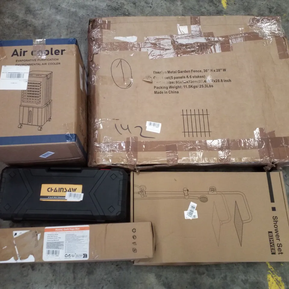 PALLET CONTAINING ASSORTED PRODUCTS INCLUDING AIR COOLER, METAL GARDEN FENCE, SHOWER SET, 8" MINI CHAINSAW, CORK YOGA MAT