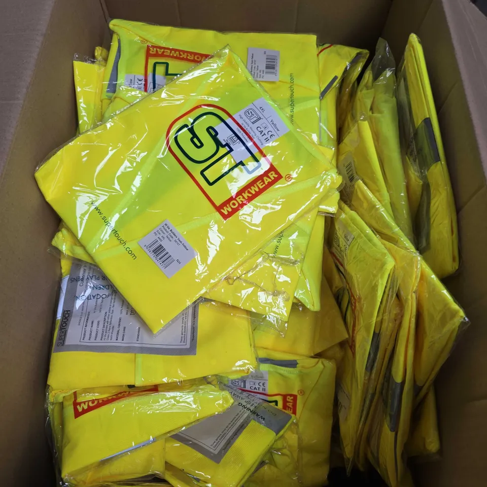 APPROXIMATELY 50 SUPERTOUCH HI-VIS BUILDERS VESTS IN VARIOUS SIZES 
