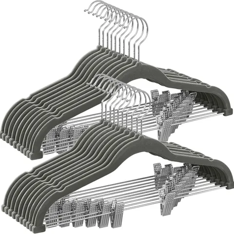 BOXED SONGMICS TROUSER HANGERS, SET OF 20 VELVET HANGERS WITH ADJUSTABLE CLIP - GREY
