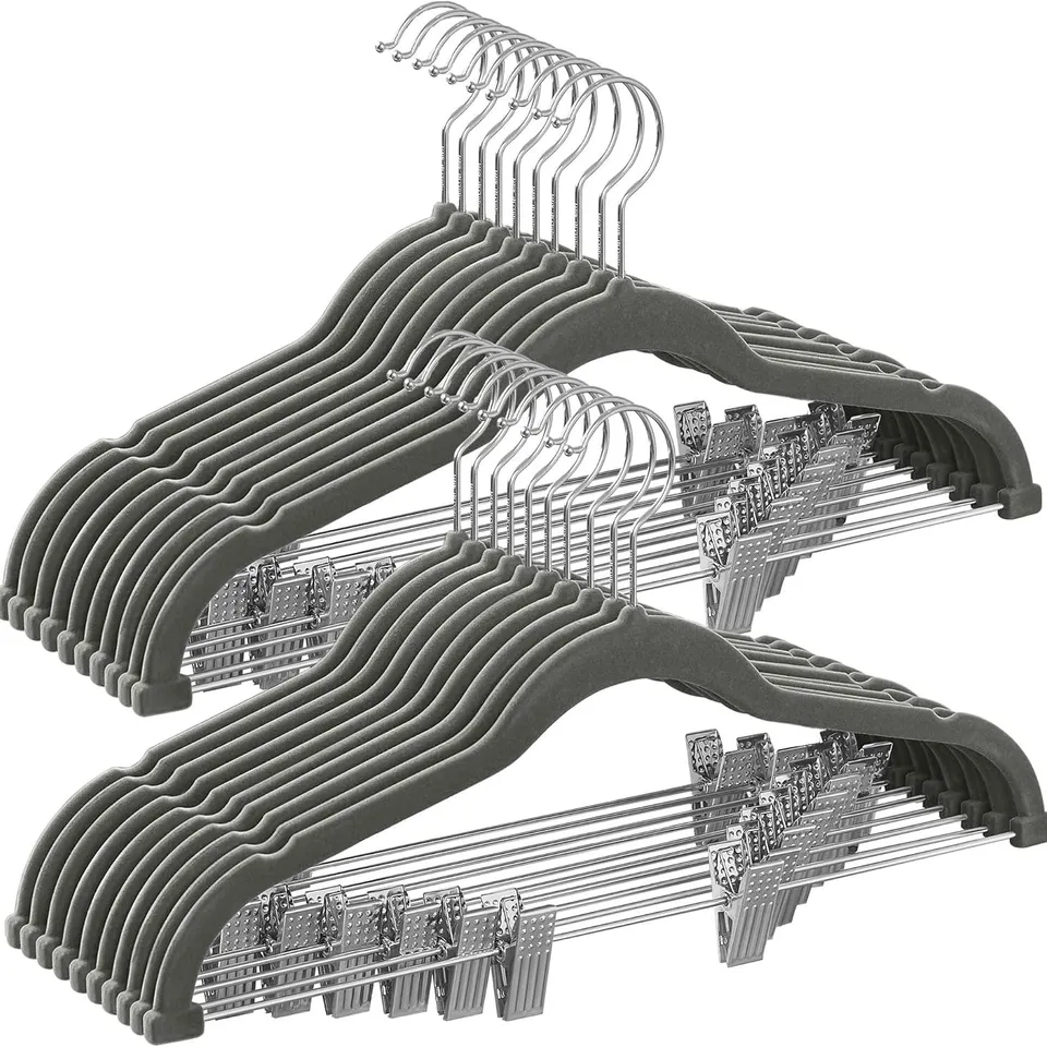 BOXED SONGMICS TROUSER HANGERS, SET OF 20 VELVET HANGERS WITH ADJUSTABLE CLIP - GREY