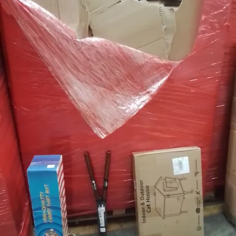 PALLET OF ASSORTED HOUSEHOLD GOODS AND PRODUCTS TO INCLUDE;CAT HOUSE,SHEARS,CARPET BULLSEYE DARTS MAT