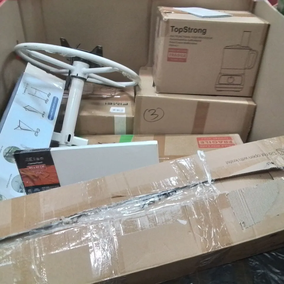 PALLET OF ASSORTED HOUSEHOLD GOODS AND PRODUCTS TO INCLUDE; ROUNDERS BAT,RADIANT HEATER,TOP STRONG COOKER HOOD