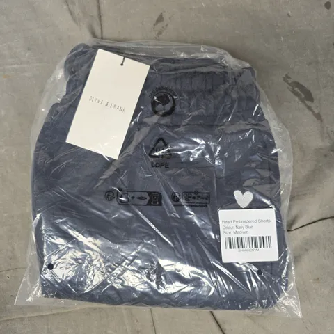 OLIVE & FRANK HEART EMBROIDERED SHORTS IN NAVY SIZE MEDIUM