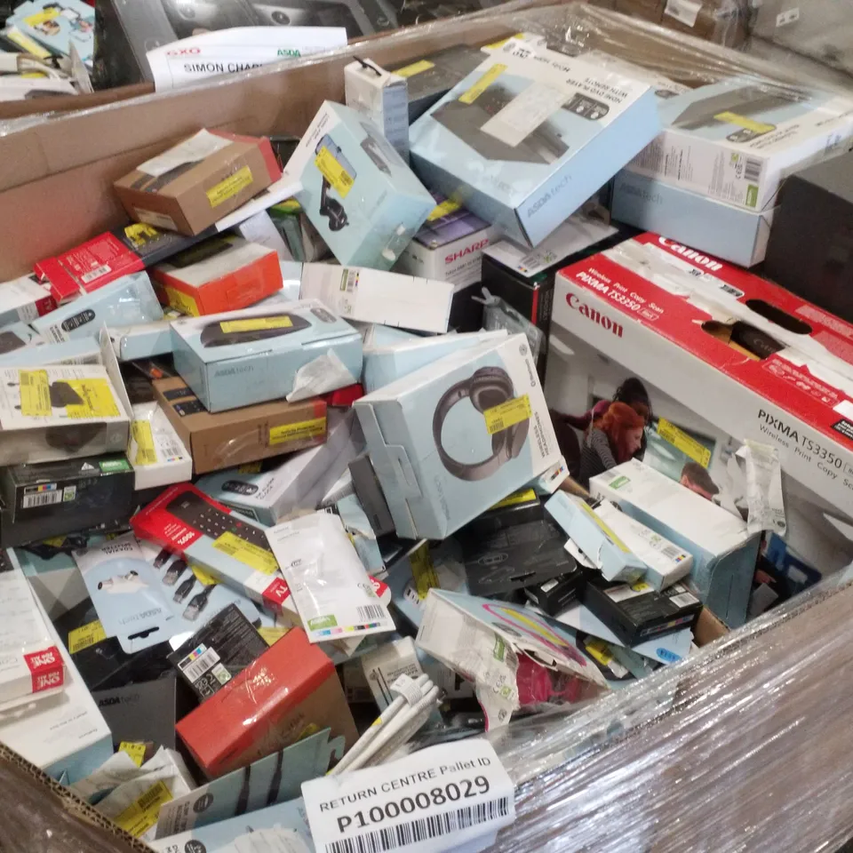 PALLET CONTAINING ASSORTED ELECTRICAL PRODUCTS INCLUDING  CANON PIXMA TS3350 PRINTER, DVD PLAYER WITH HDMI FUNCTION, BLUETOOTH CD BOOMBOX, GAMING KIT, DIGITAL RADIO & WIRELESS HEADPHONES 