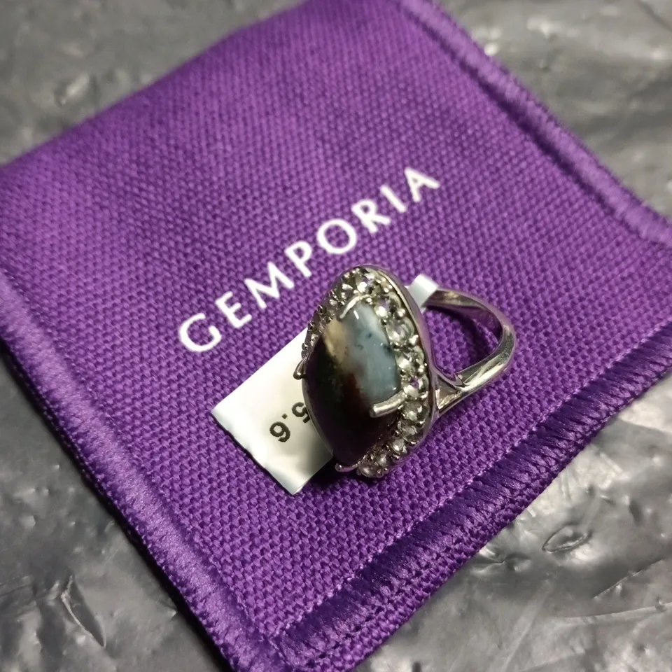 GEMPORIA SILVER-TONE RING WITH OVAL CABOCHON AND HALO OF STONES