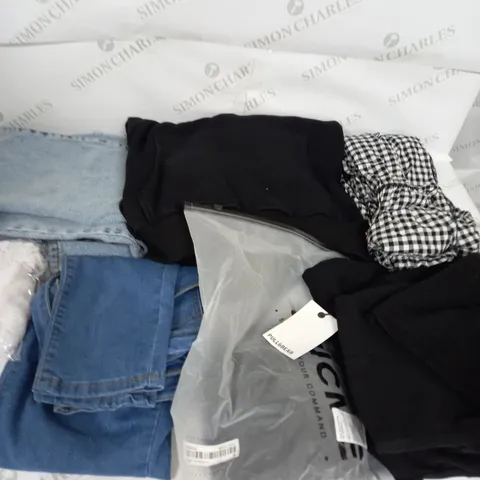 LARGE BOX OF ASSORTED CLOTHING ITEMS IN VARIOUS COLOURS AND SIZES INCLUDING TROUSERS , TOPS AND JUMPERS
