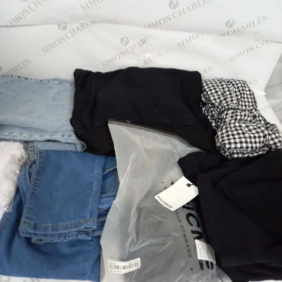 LARGE BOX OF ASSORTED CLOTHING ITEMS IN VARIOUS COLOURS AND SIZES INCLUDING TROUSERS , TOPS AND JUMPERS
