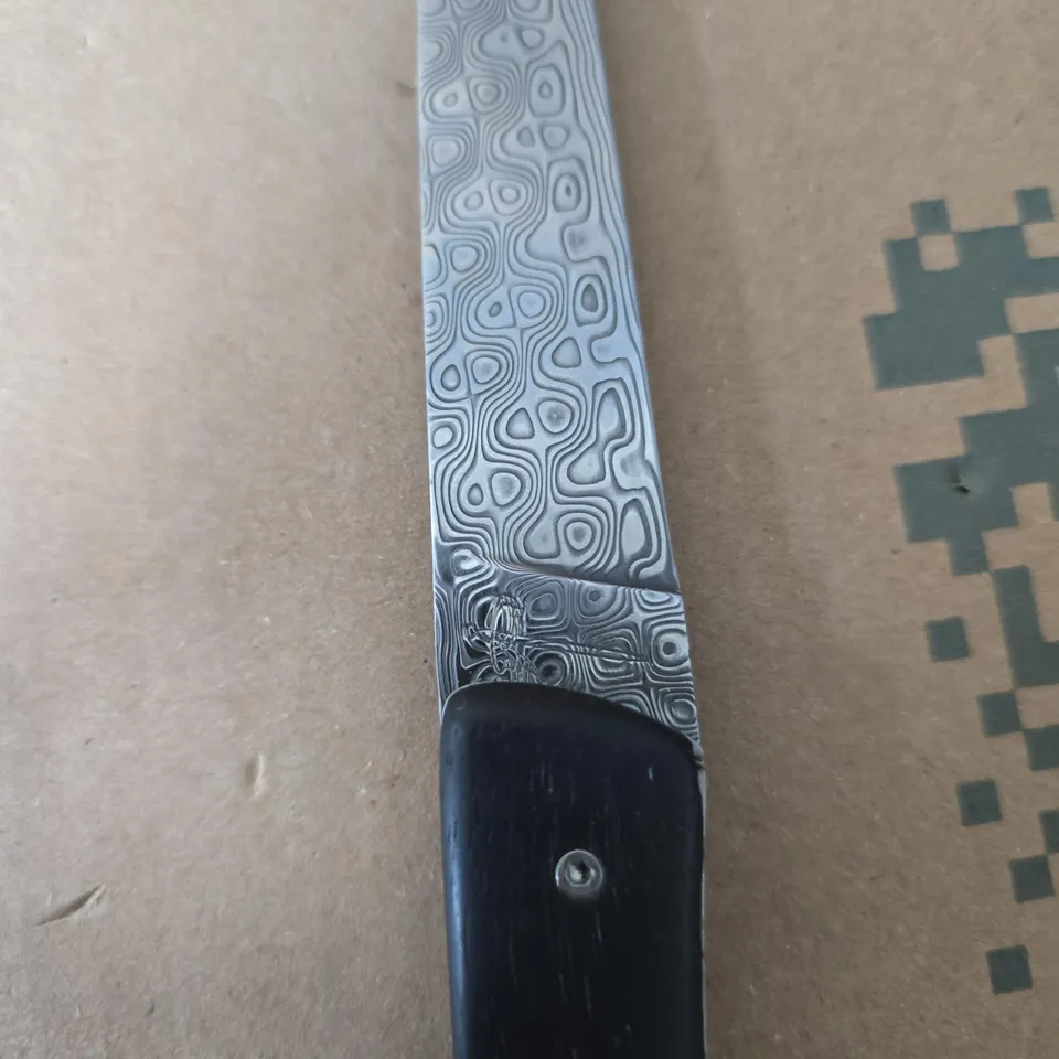 PERCEVAL DAMASCUS FOLDING KNIFE WITH PATTERNED BLADE AND BLACK HANDLE