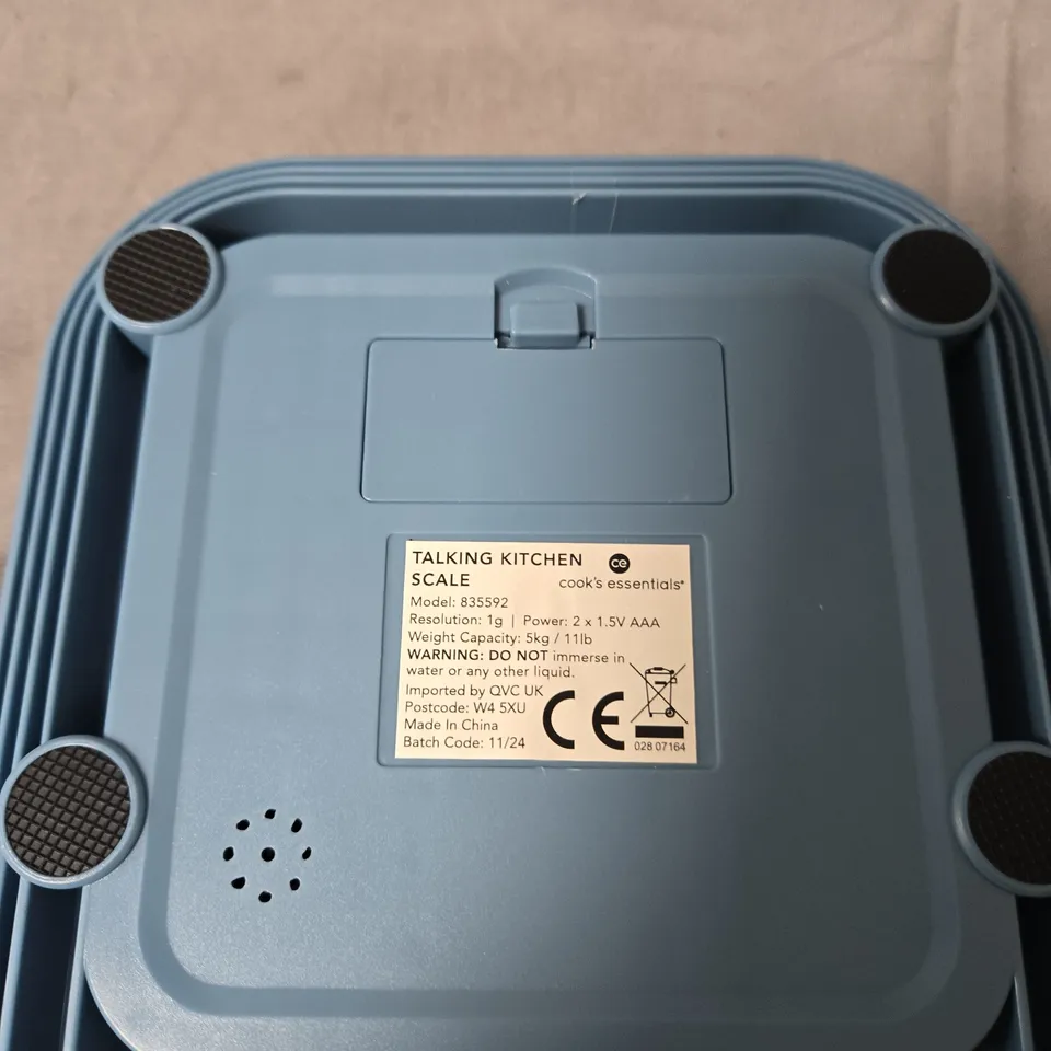 COOK'S ESSENTIALS TALKING KITCHEN SCALE – BLUE, 5KG CAPACITY (MODEL 835592)