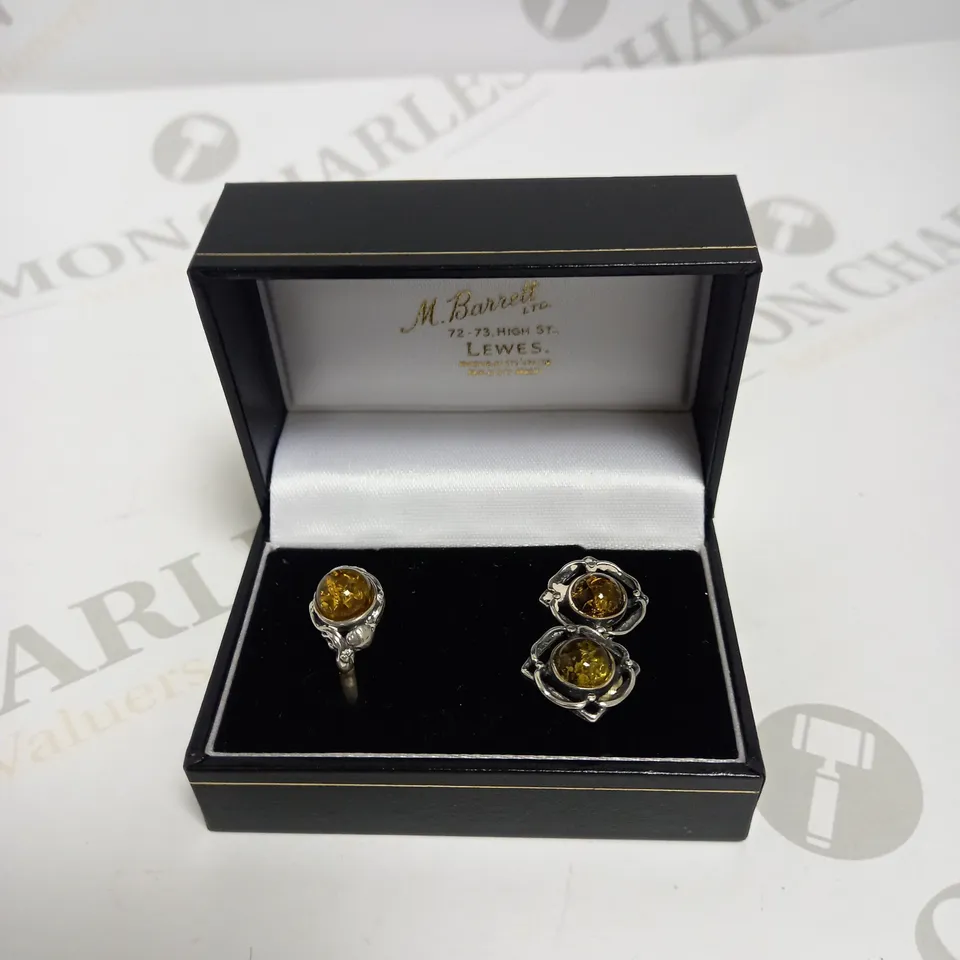 M. BARRETT AMBER STONE PENDANT EARRING & RING SET