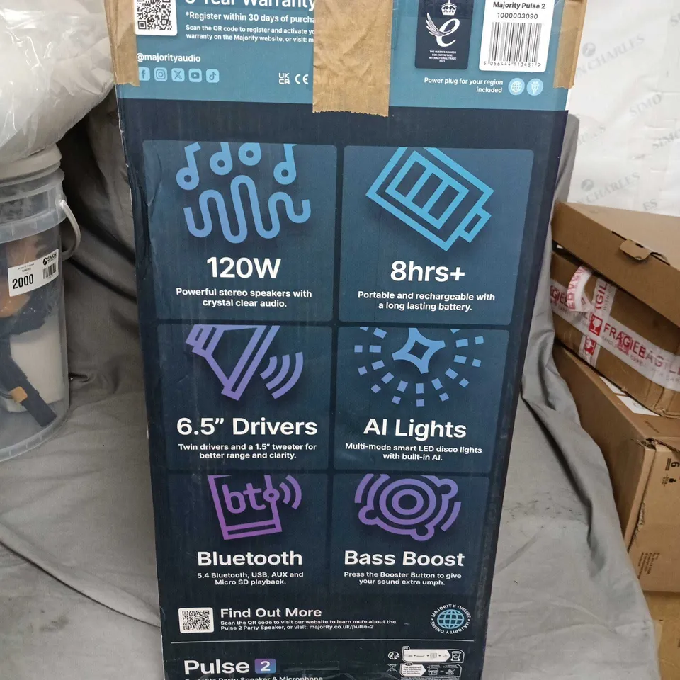 MAJORITY PULSE 2 PORTABLE PARTY SPEAKER & MICROPHONE – 120W, 6.5" DRIVERS, AI LIGHTS, BLUETOOTH (BOXED)