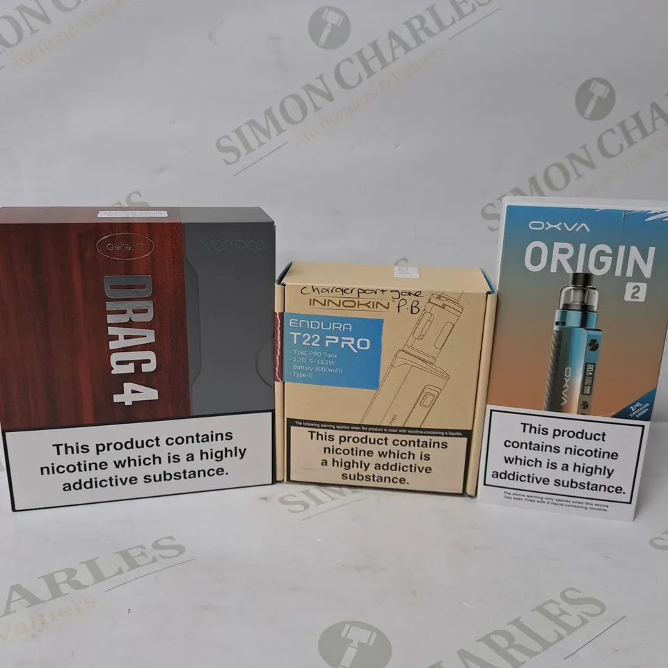 APPROXIMATELY 20 ASSORTED E-CIGARETTE PRODUCTS TO INLCUDE VOOPOO DRAG 4, INNOKIN ENDURA T22 PRO, OXVA ORIGIN 2 