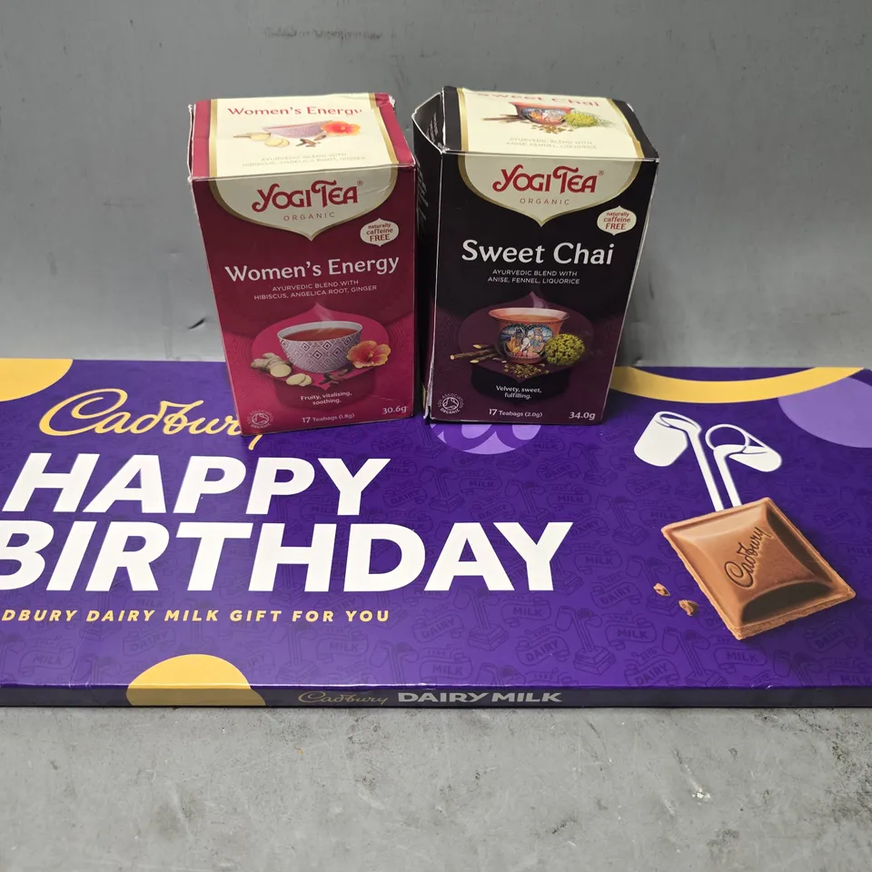 APPROXIMATELY 5 ASSORTED FOOD ITEMS TO INCLUDE - CADBURYS CHOCOLATE , YOGI TEA SWEET CHAI , YOGITEA WOMENS ENERGY 