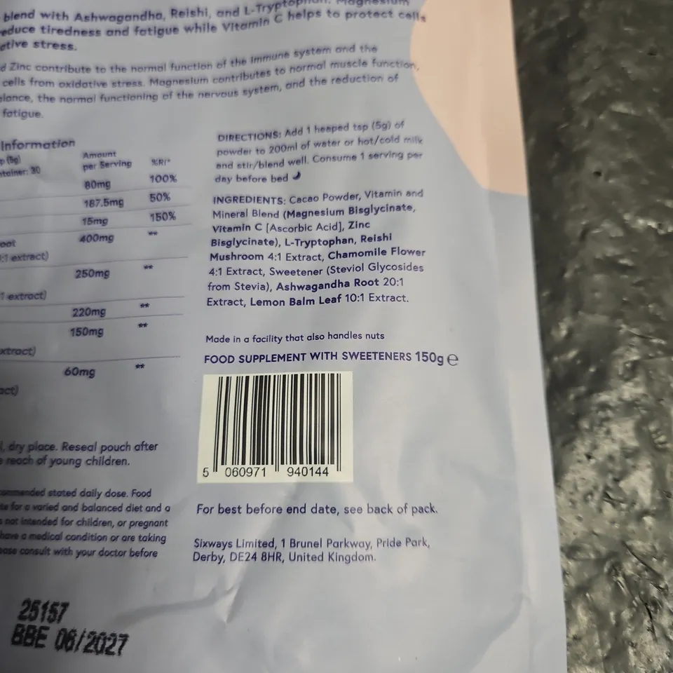 SEALED SIXWAYS UNWIND + RECOVER MUSHROOM BLEND – CACAO DREAM FLAVOUR, 150G