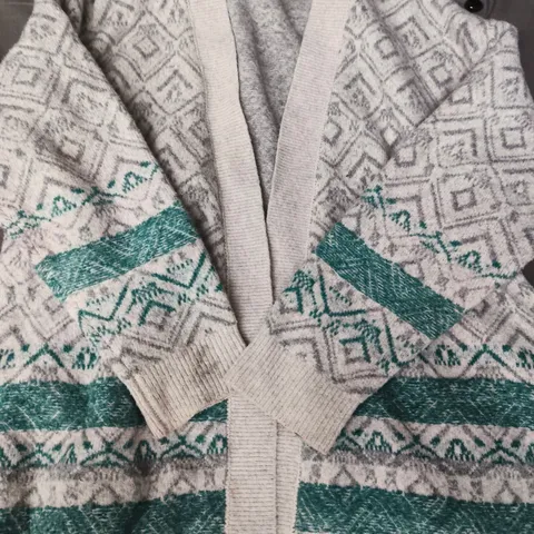 FAT FACE KNIT CARDIGAN – GEOMETRIC DIAMOND PATTERN, GREY WITH TEAL ACCENTS SIZE UK 14