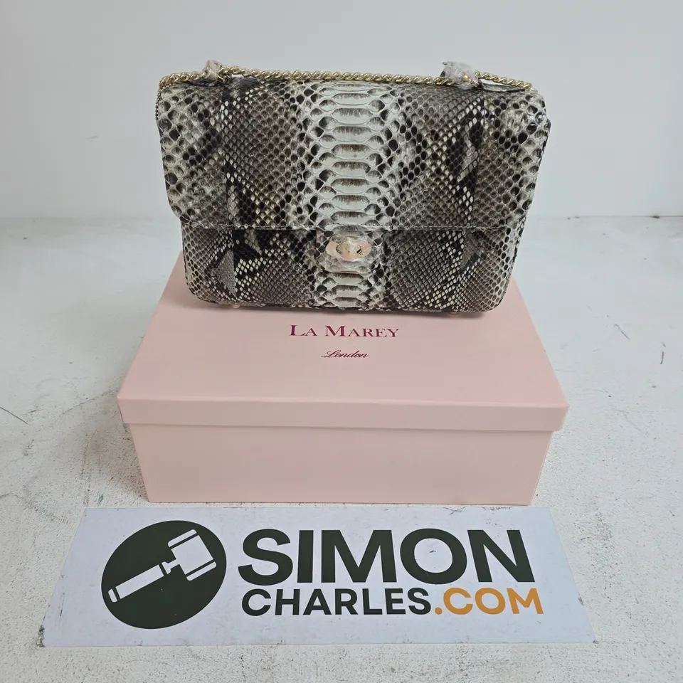 BOXED LA MAREY LONDON SNAKE PRINT HANDBAG 