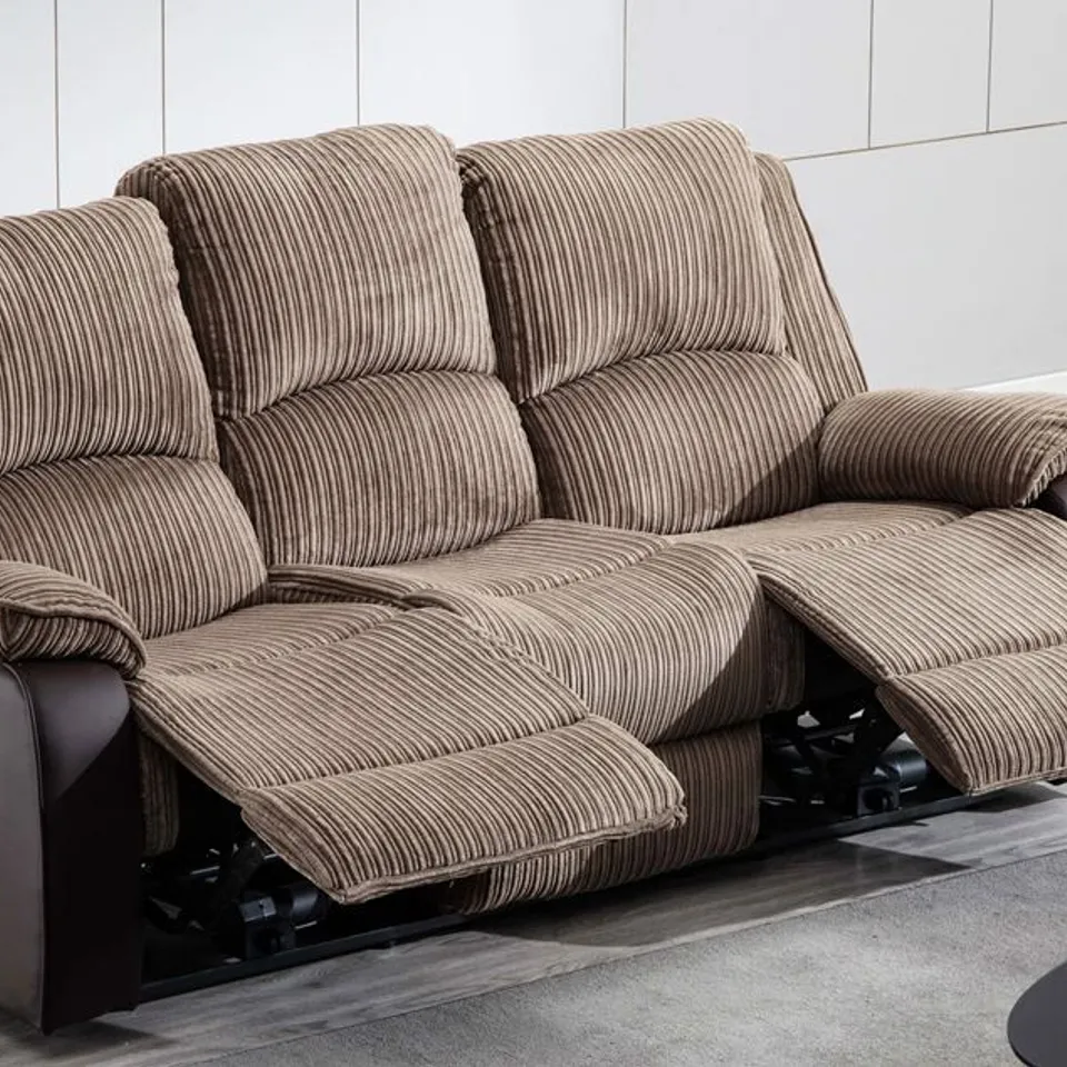 BOXED BROWN FABRIC MANUAL RECLINING THREE SEATER SOFA 